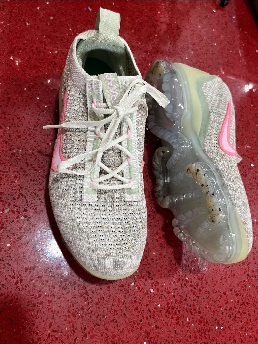 Nike Women's Vapormax Light Beige Knit Running Shoes with Pink Swoosh